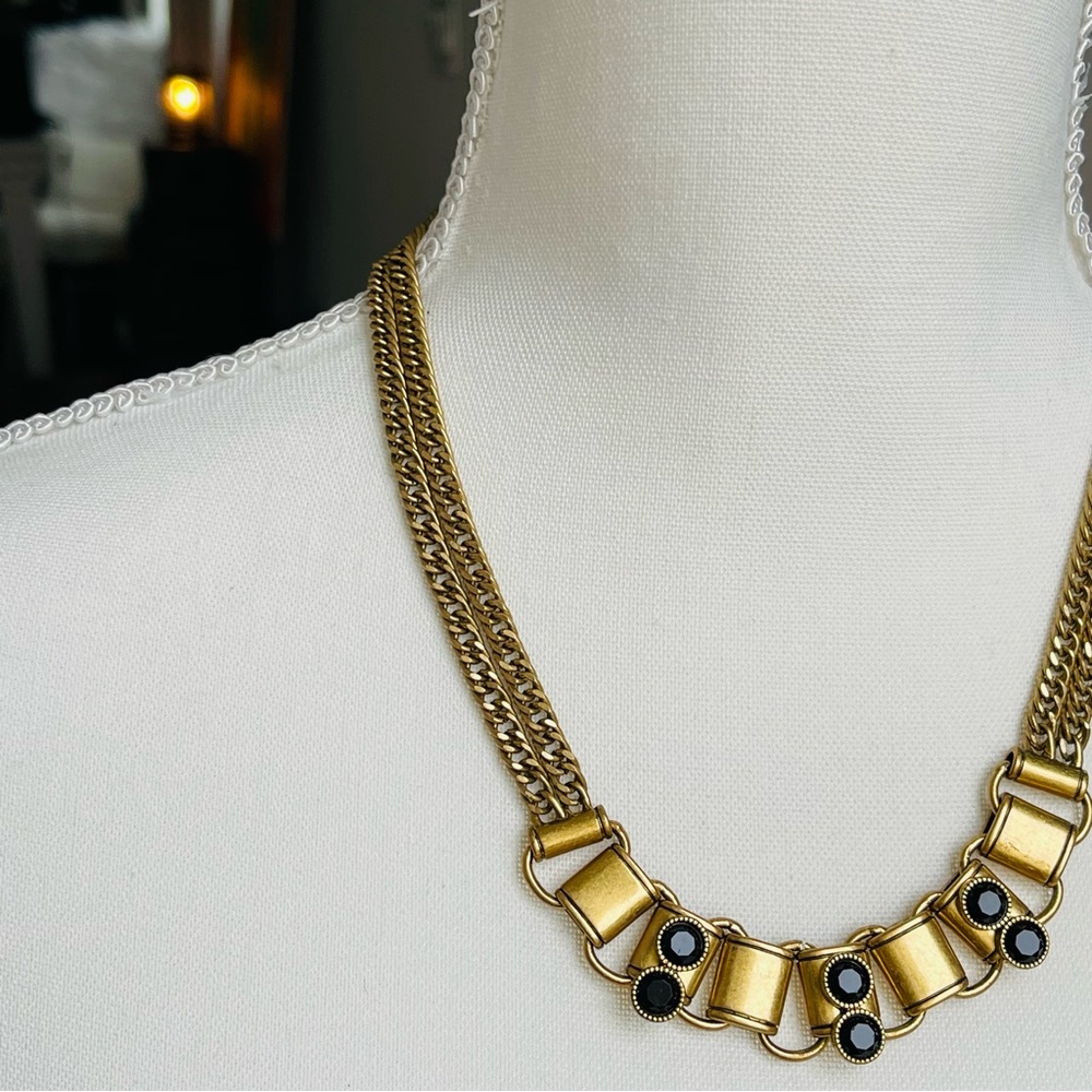 J. CREW | Black Crystal Rhinestones Gold Tone Metal Double Strand Chains 16"+2"